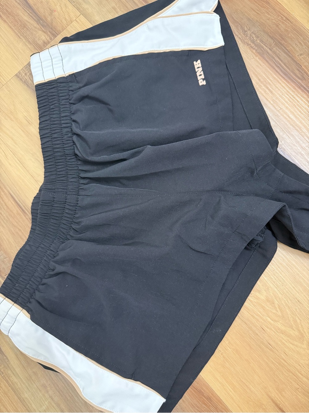 PINK Victoria's Secret Black Athletic Shorts with White Panels and Pink Logo